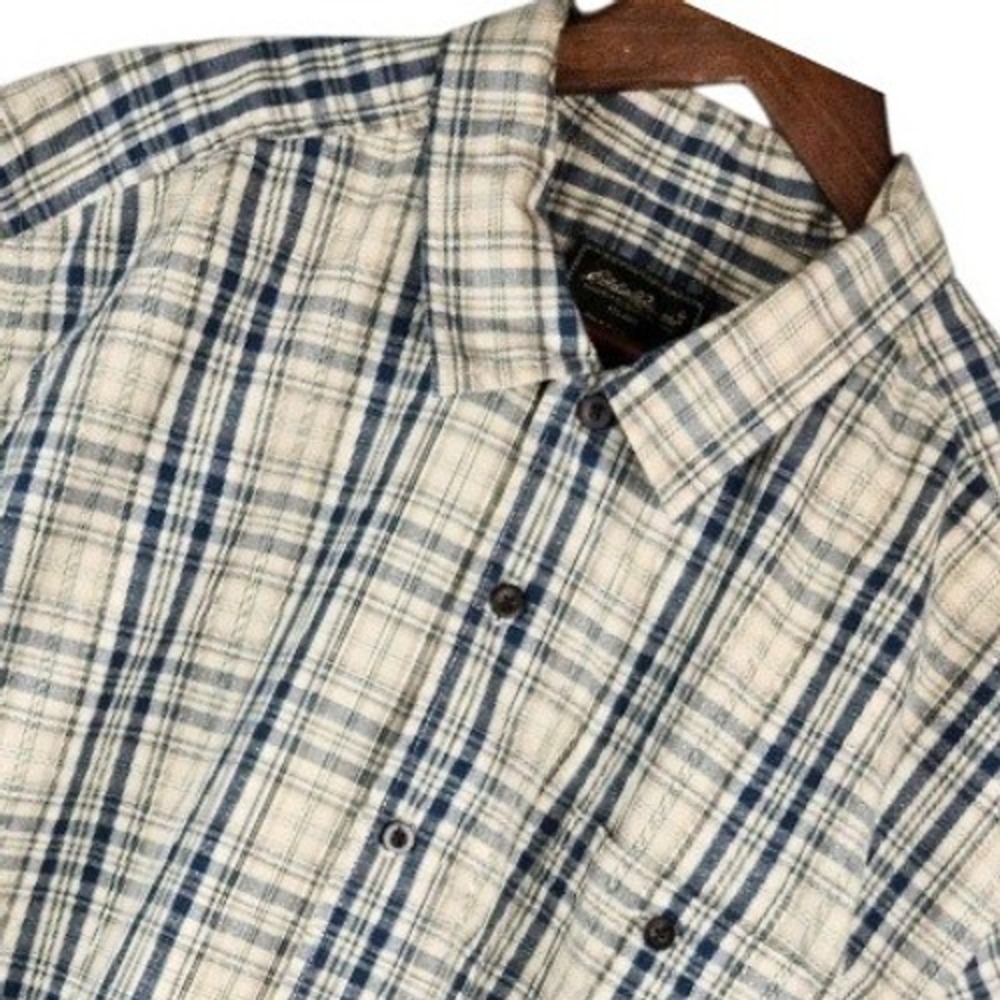 Eddie Bauer Mens Plaid Button Down Shirt XL Cotton Short Sleeve Beige Blue Green